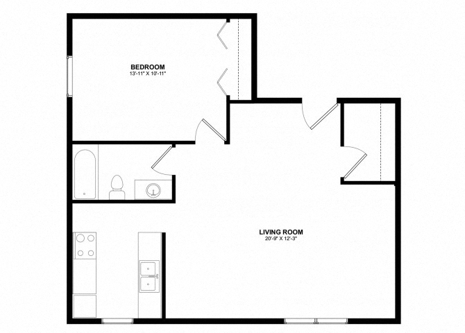 Floor plan for 1 bed, 1 bath, 650 sqft