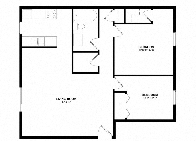 Floor plan for 2 beds, 1 bath, 900 sqft