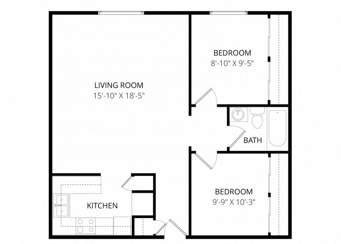 Floor plan for 2 beds, 1 bath, 855 sqft