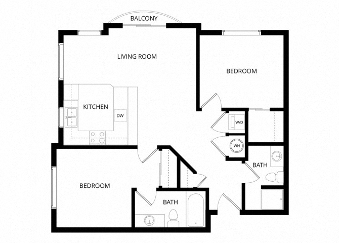 Floor plan for 2 beds, 2 baths, 843 sqft