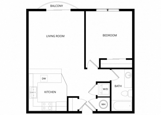 Floor plan for 1 bed, 1 bath, 609 sqft