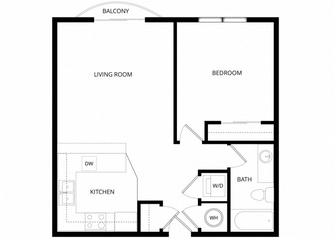 Floor plan for 1 bed, 1 bath, 609 sqft