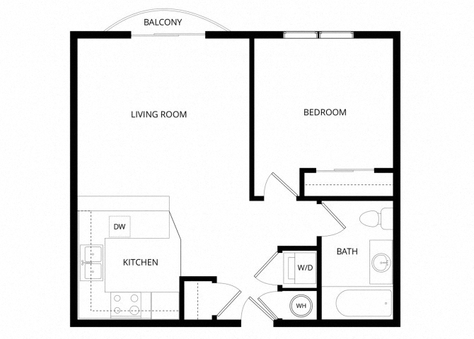 Floor plan for 1 bed, 1 bath, 654 sqft
