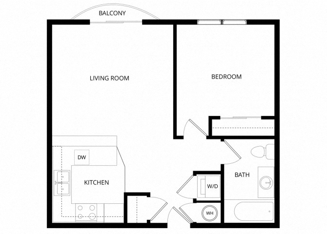 Floor plan for 1 bed, 1 bath, 654 sqft