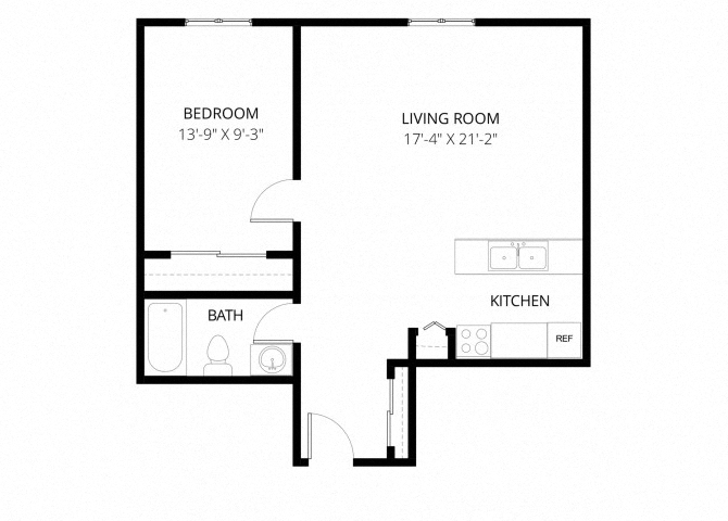 Floor plan for 1 bed, 1 bath, 602 sqft