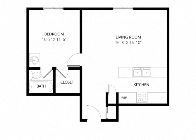 Floor plan for 1 bed, 1 bath, 510 sqft