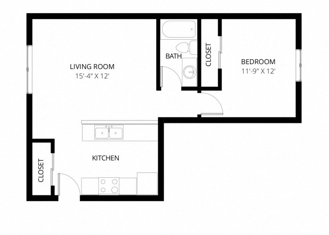 Floor plan for 1 bed, 1 bath, 531 sqft