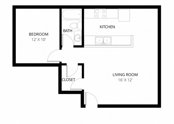 Floor plan for 1 bed, 1 bath, 544 sqft