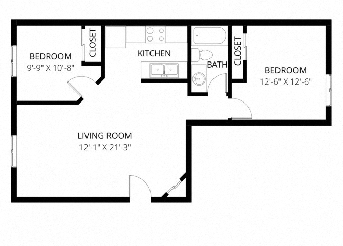 Floor plan for 2 beds, 1 bath, 670 sqft