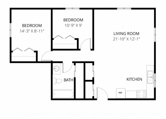 Floor plan for 2 beds, 1 bath, 662 sqft