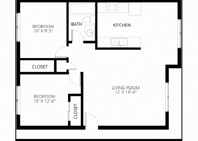 Floor plan for 2 beds, 1 bath, 645 sqft