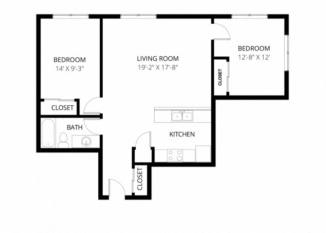 Floor plan for 2 beds, 1 bath, 711 sqft