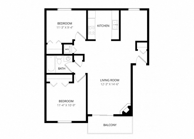 Floor plan for 2 beds, 1 bath, 832 sqft