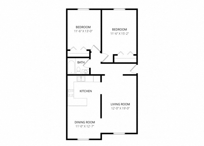 Floor plan for 2 beds, 1 bath, 1008 sqft
