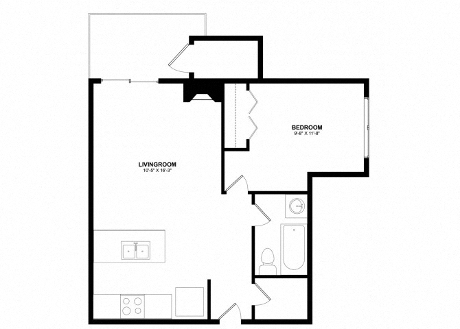 Floor plan for 1 bed, 1 bath, 500 sqft