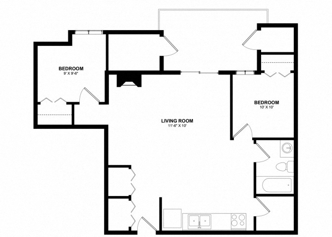 Floor plan for 2 beds, 1 bath, 625 sqft