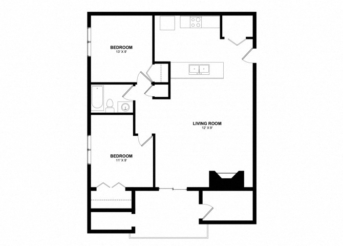 Floor plan for 2 beds, 1 bath, 595 sqft