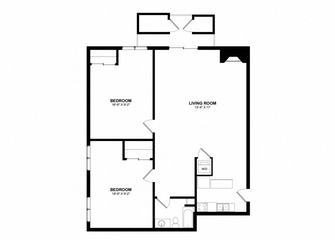 Floor plan for 2 beds, 1 bath, 775 sqft