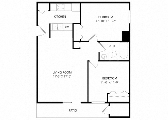 Floor plan for 2 beds, 1 bath, 680 sqft