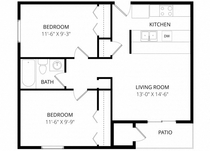 Floor plan for 2 beds, 1 bath, 780 sqft