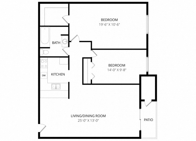 Floor plan for 2 beds, 1 bath, 915 sqft