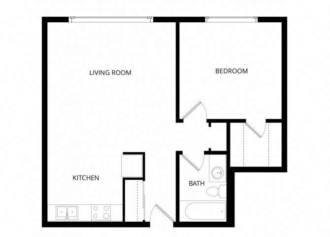 Floor plan for 1 bed, 1 bath, 613 sqft