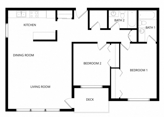 Floor plan for 2 beds, 2 baths, 1000 sqft