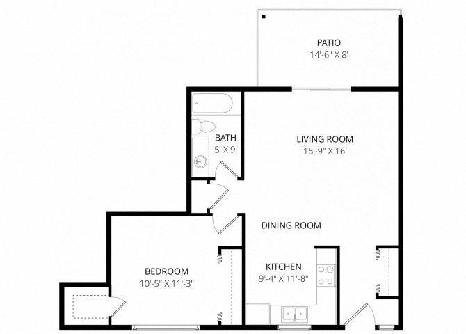 Floor plan for 1 bed, 1 bath, 680 sqft