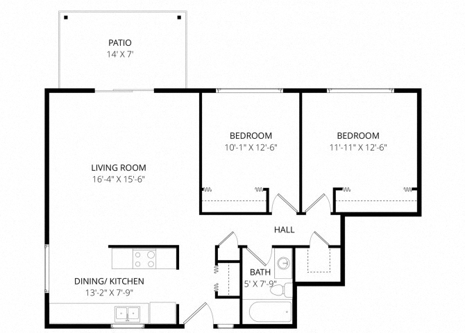 Floor plan for 2 beds, 1 bath, 800 sqft