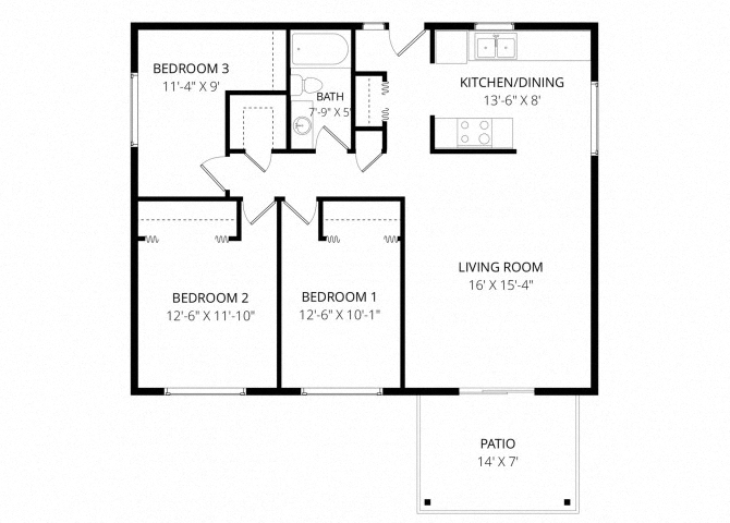 Floor plan for 3 beds, 1 bath, 1000 sqft