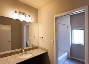 Cleveland apartment for rent - a bathroom with a sink and a mirror and a shower