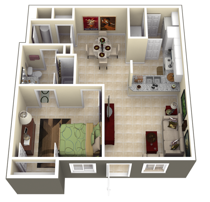 Floor plan for 1 bed, 1 bath, 692 sqft