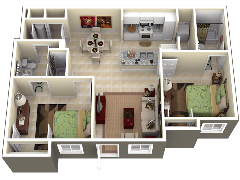 Floor plan for 2 beds, 2 baths, 922 sqft