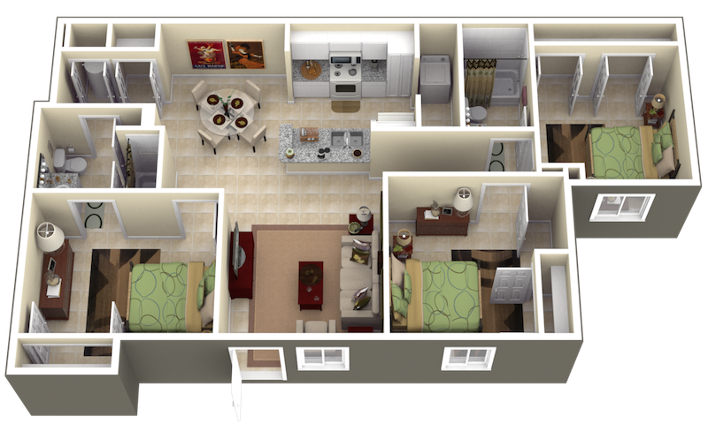 Floor plan for 3 beds, 2 baths, 1112 sqft