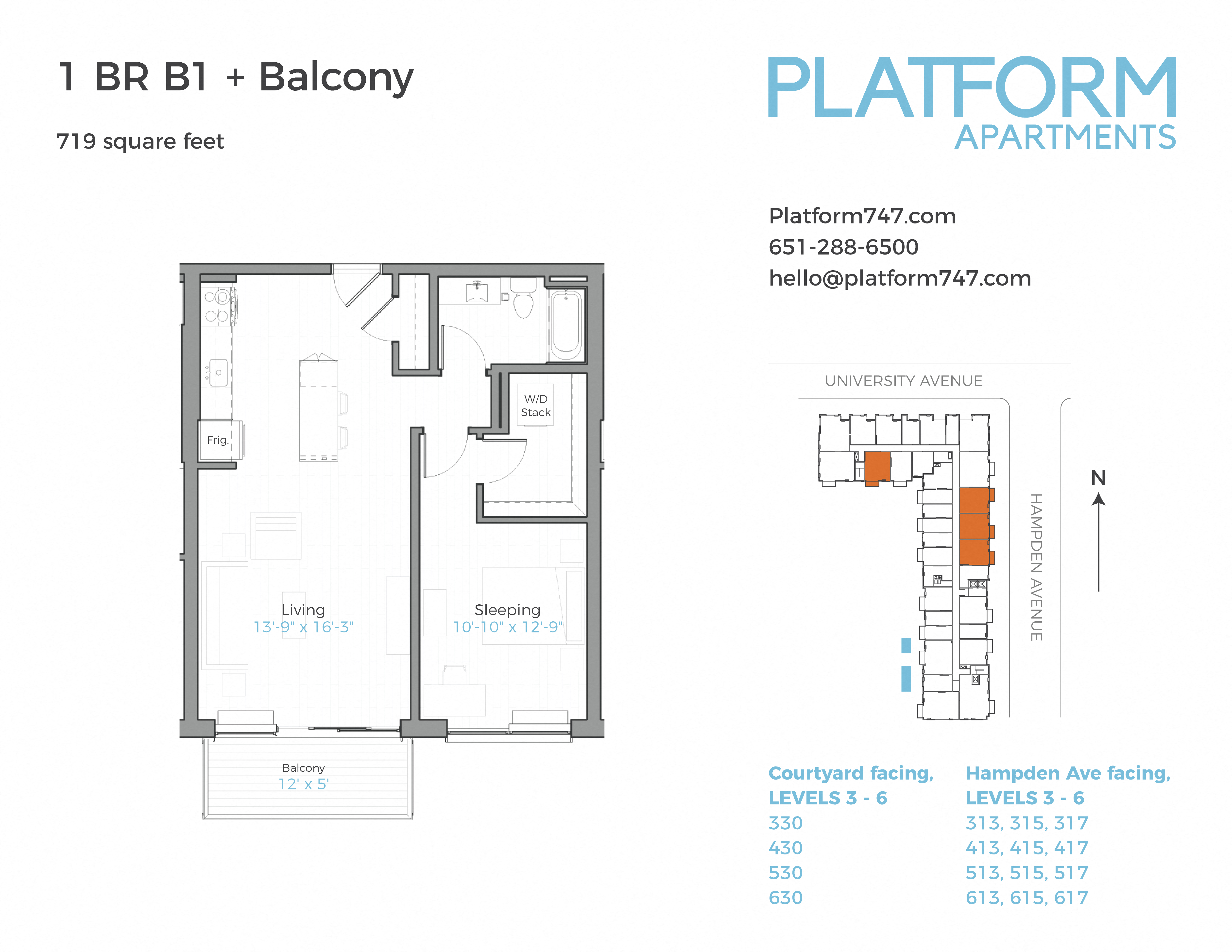 Floor plan for 1 bed, 1 bath, 719 sqft