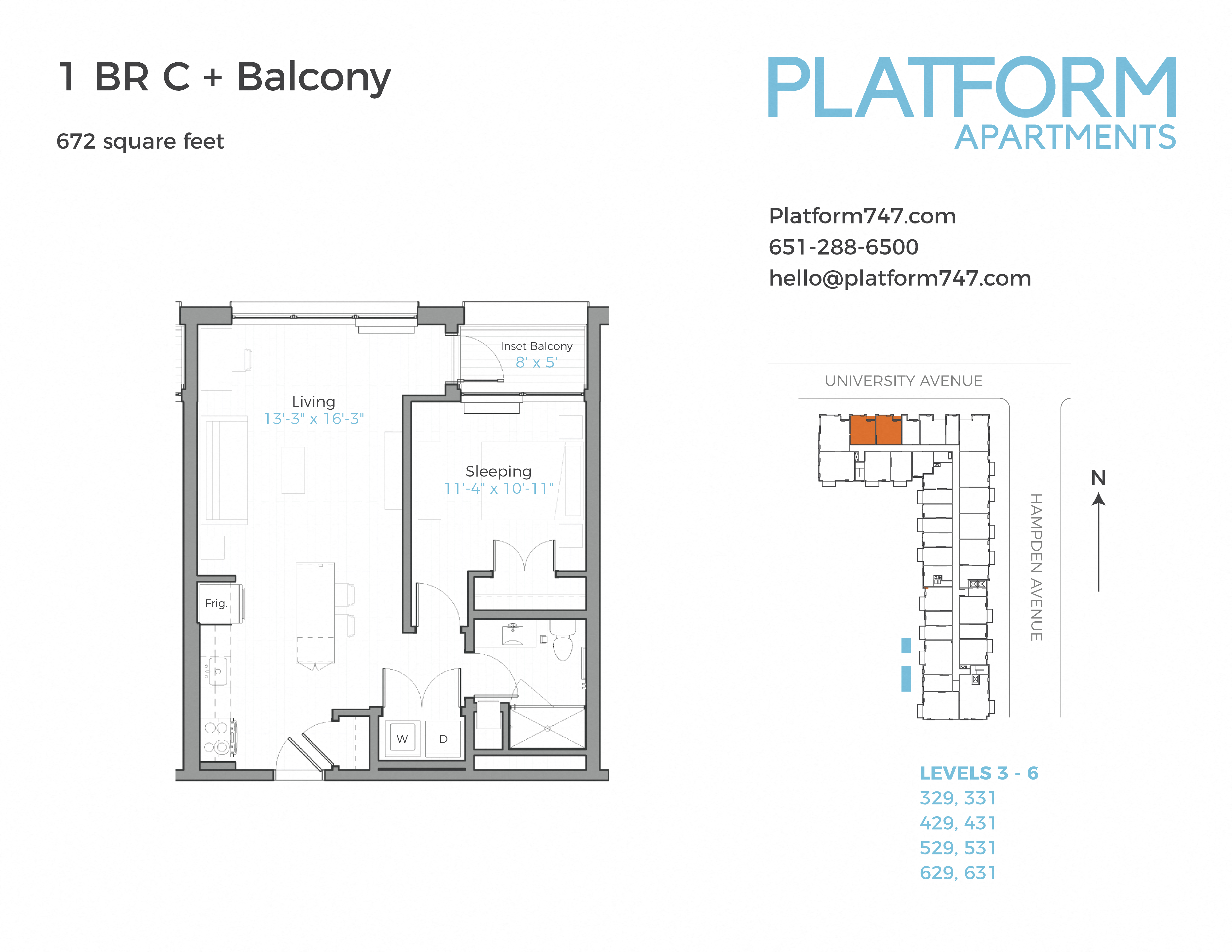 Floor plan for 1 bed, 1 bath, 672 sqft