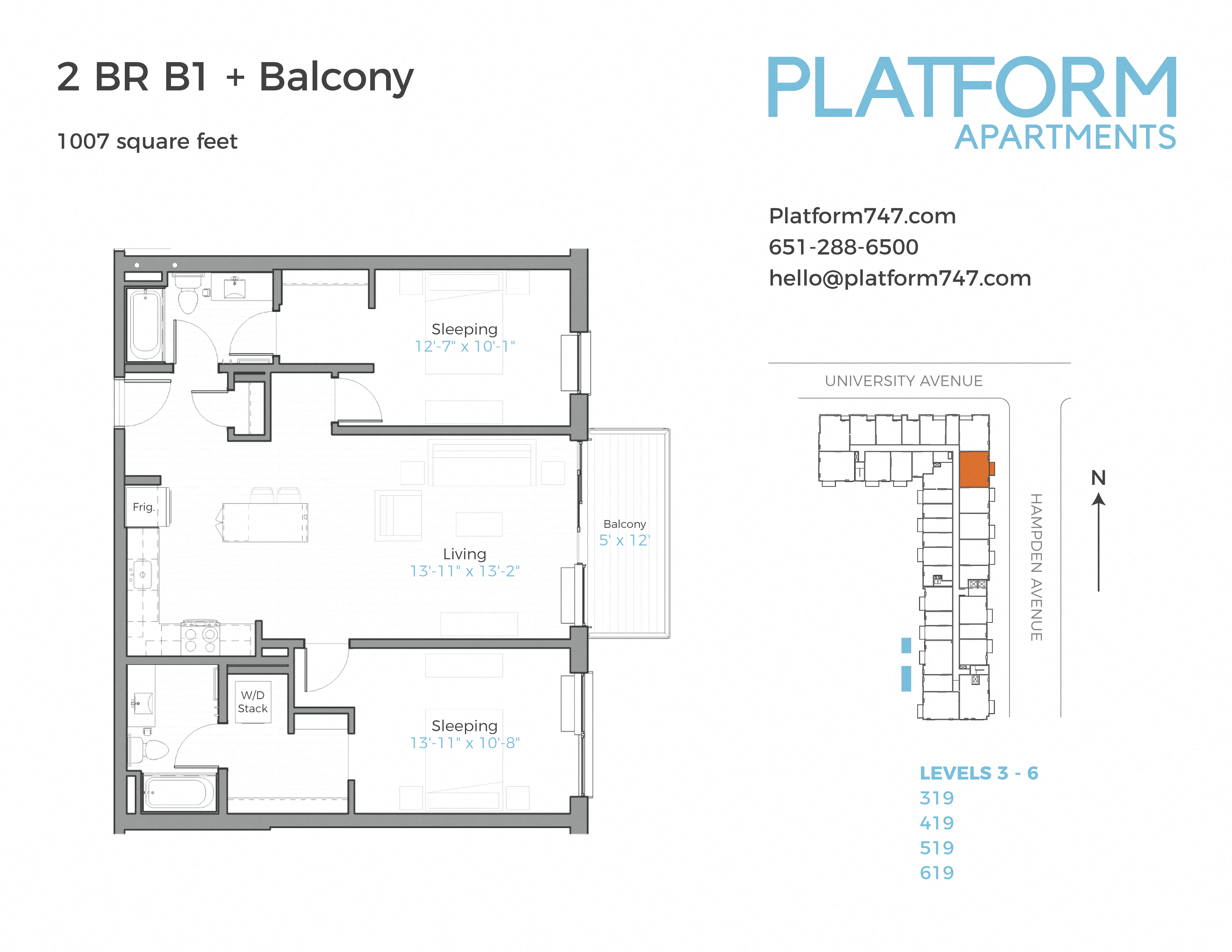 Floor plan for 2 beds, 2 baths, 1007 sqft