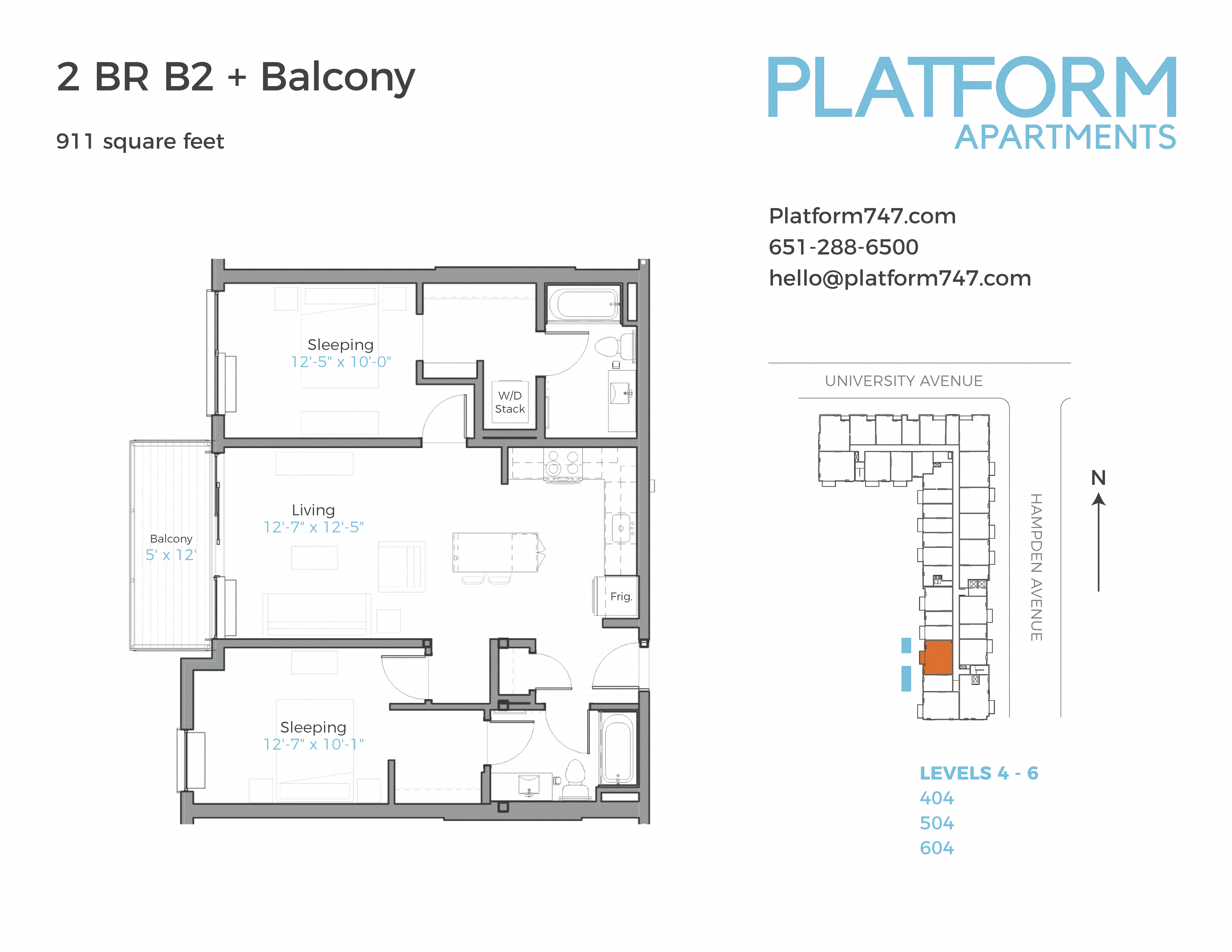 Floor plan for 2 beds, 2 baths, 911 sqft