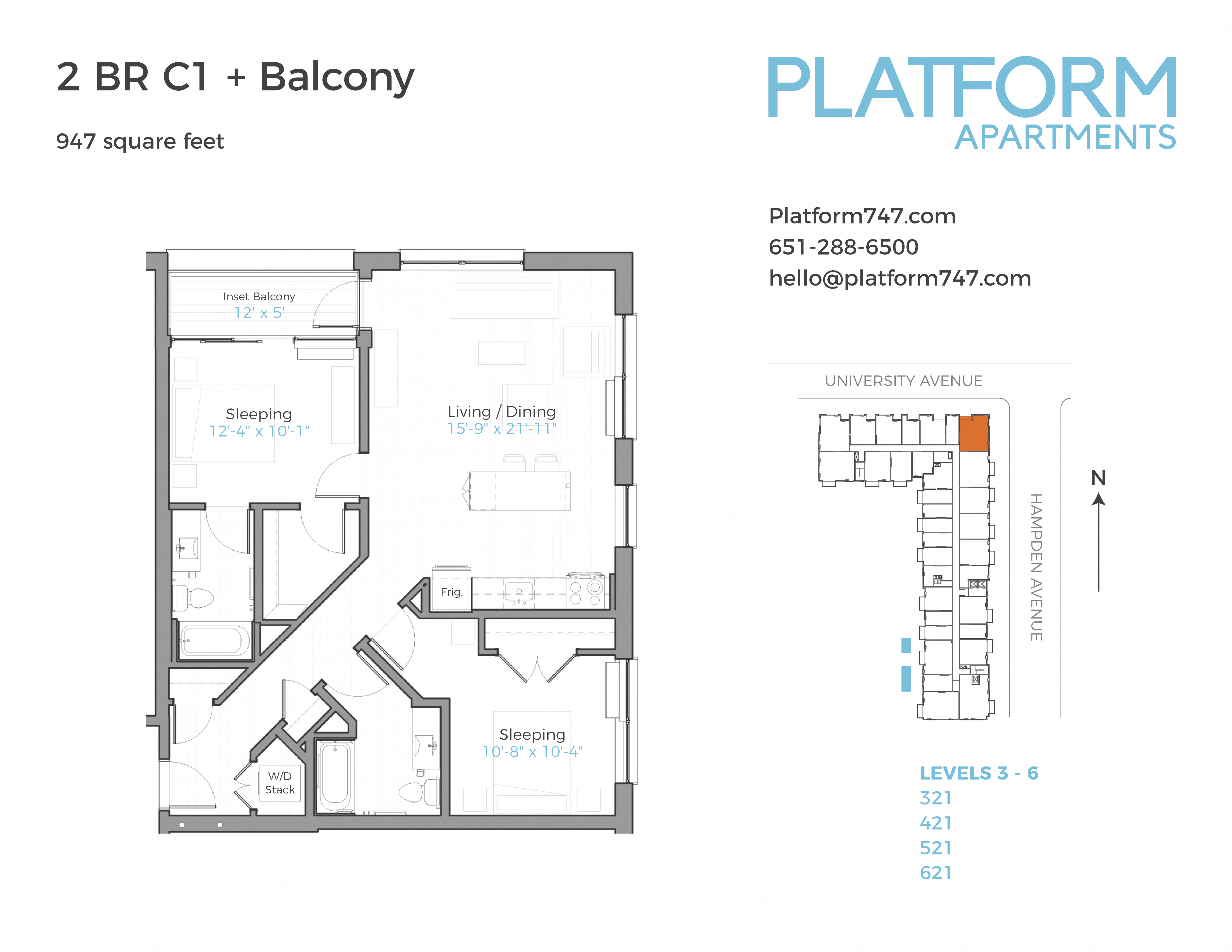 Floor plan for 2 beds, 2 baths, 947 sqft
