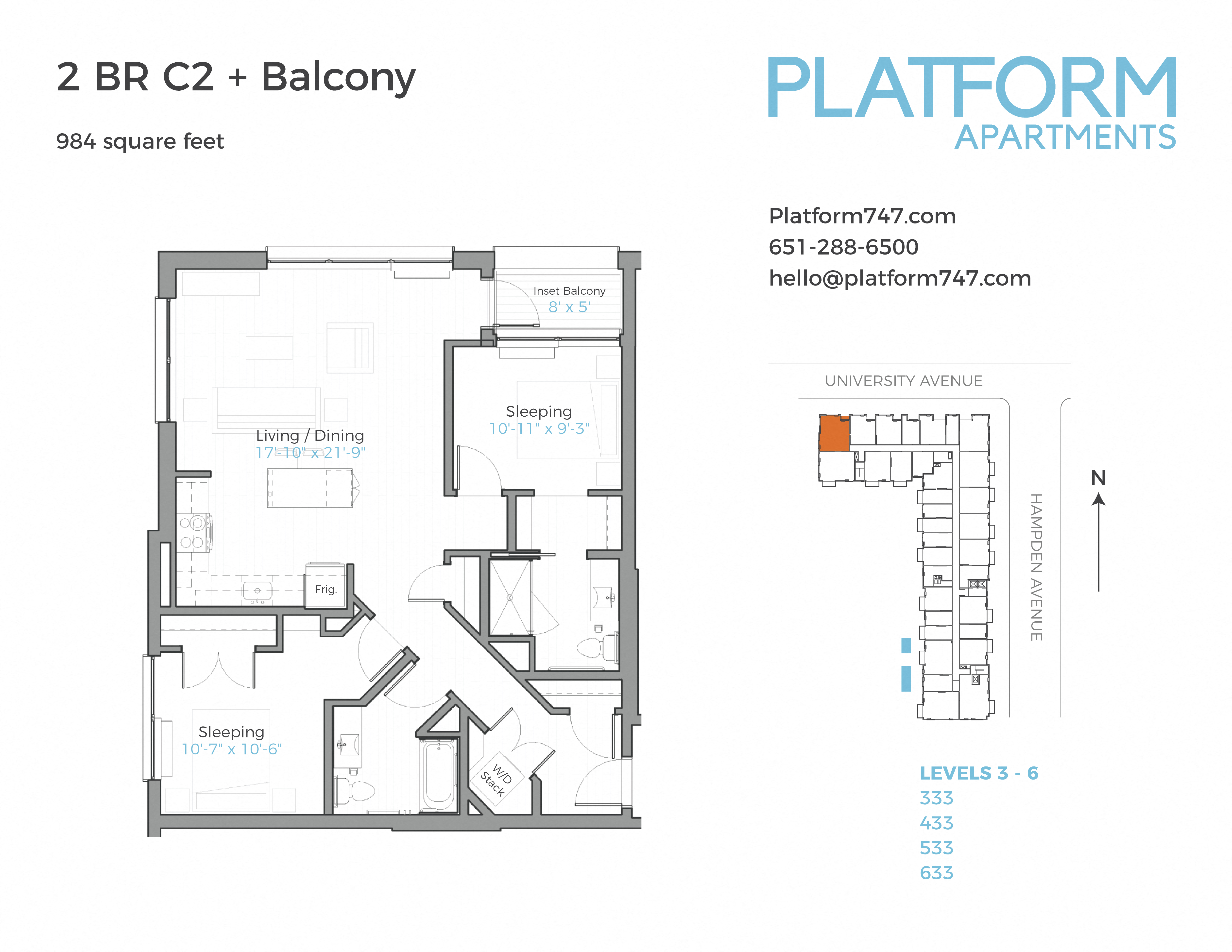 Floor plan for 2 beds, 2 baths, 984 sqft
