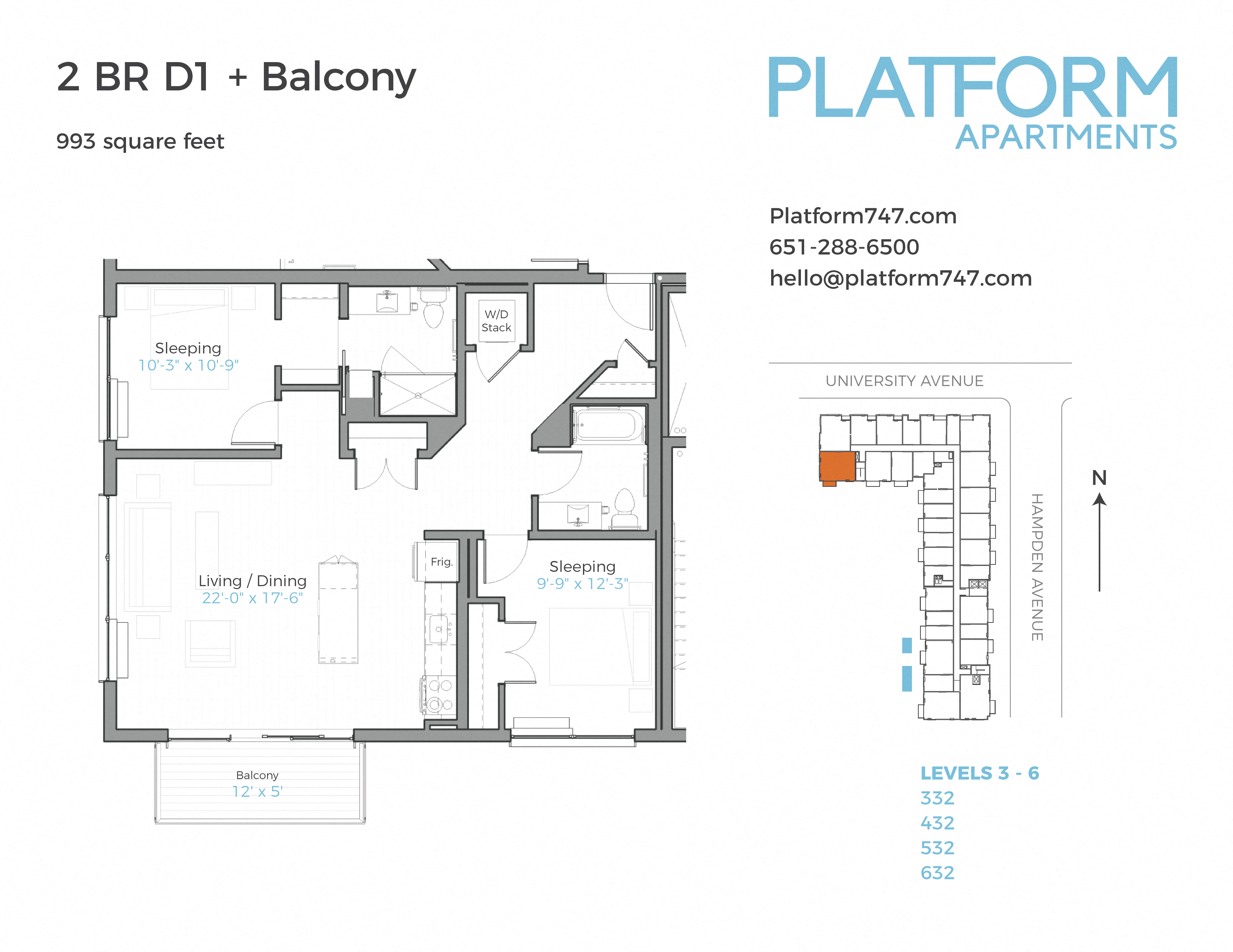 Floor plan for 2 beds, 2 baths, 993 sqft