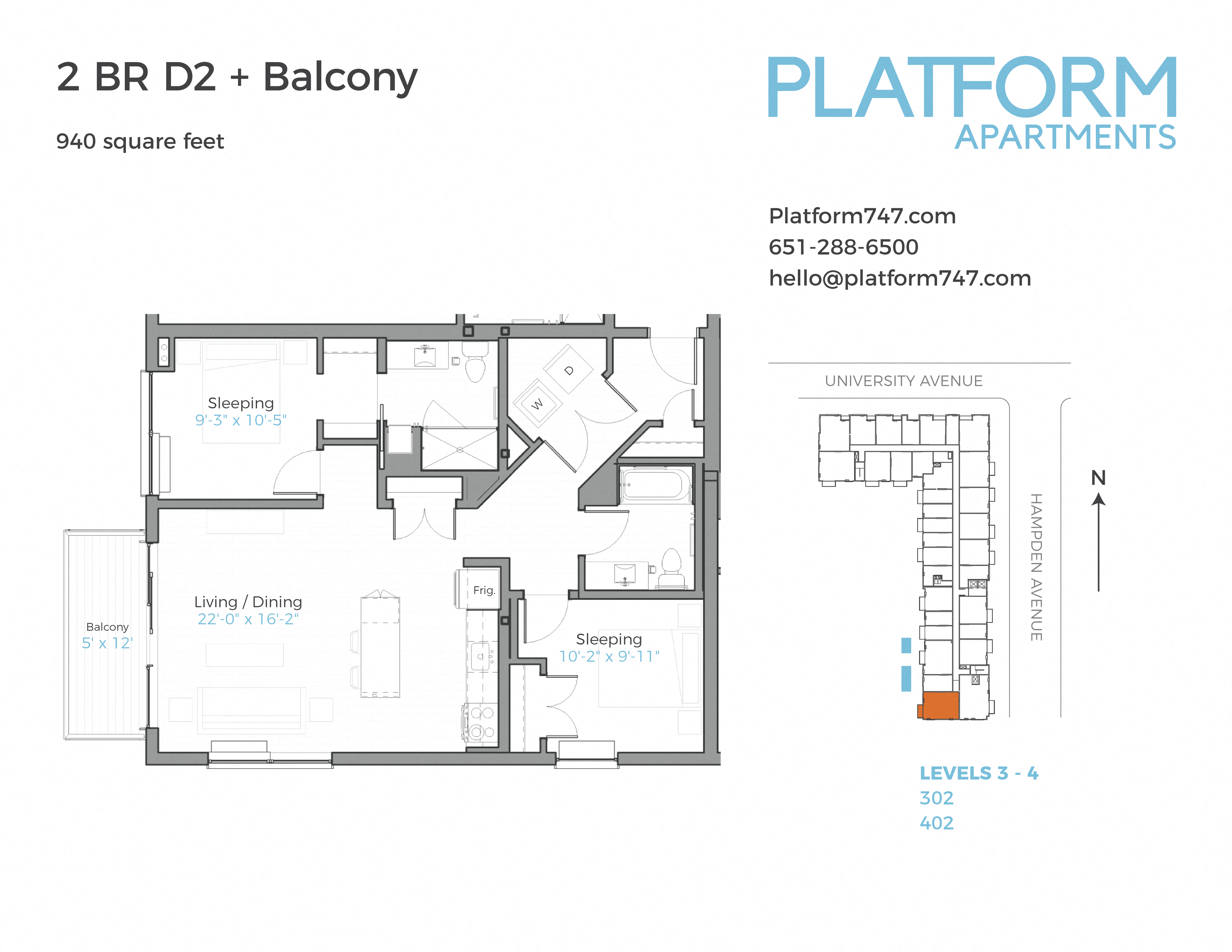 Floor plan for 2 beds, 2 baths, 940 sqft