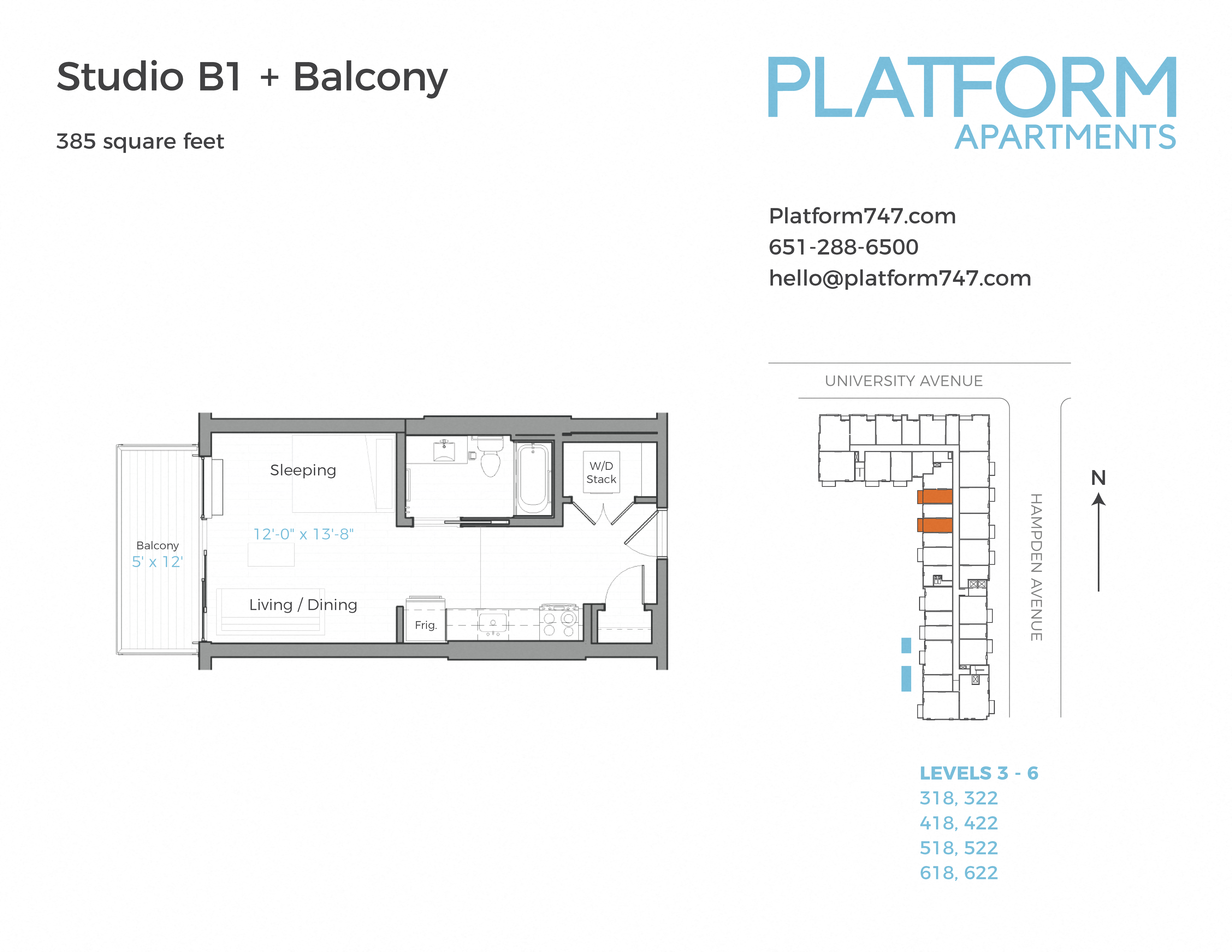 Floor plan for studio, 1 bath, 385 sqft