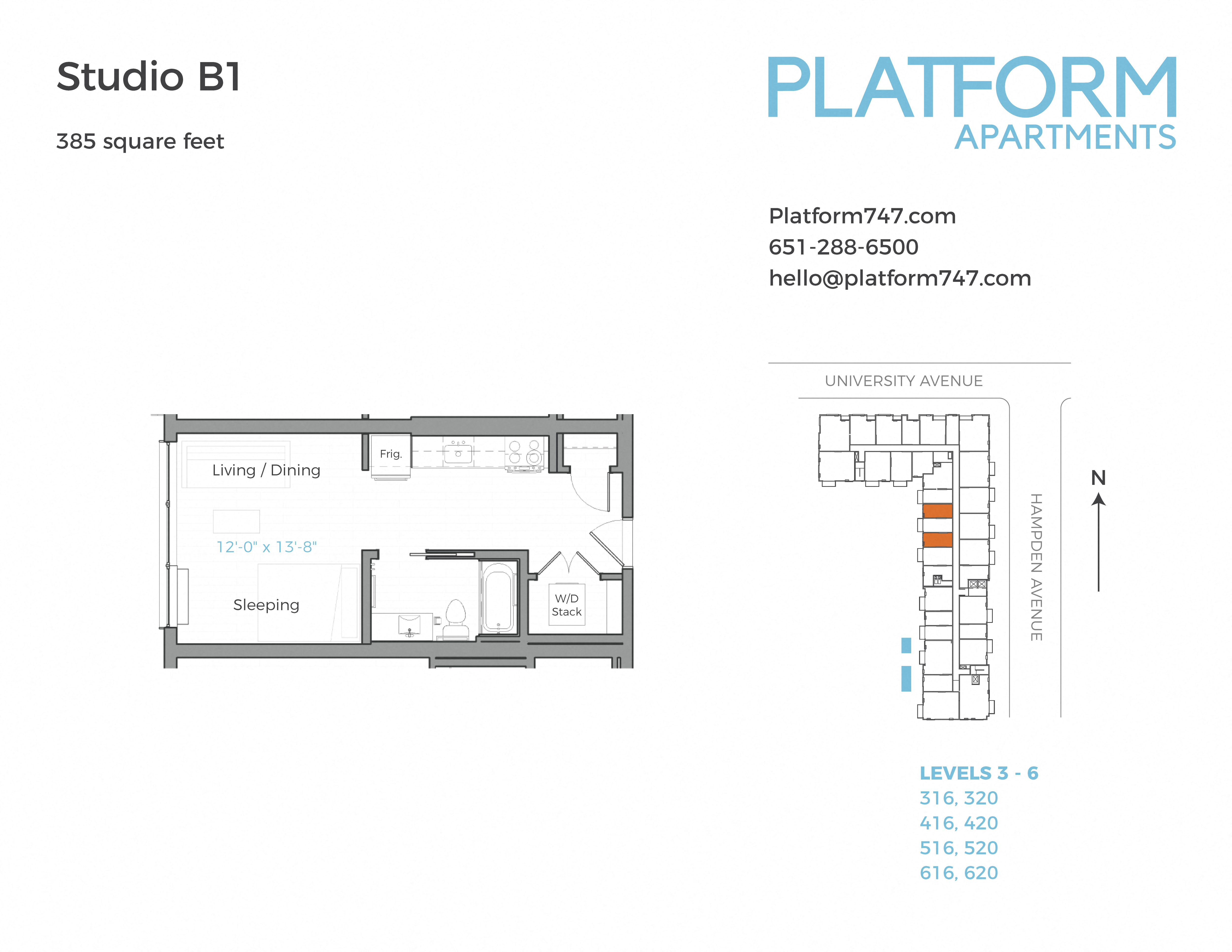 Floor plan for studio, 1 bath, 385 sqft