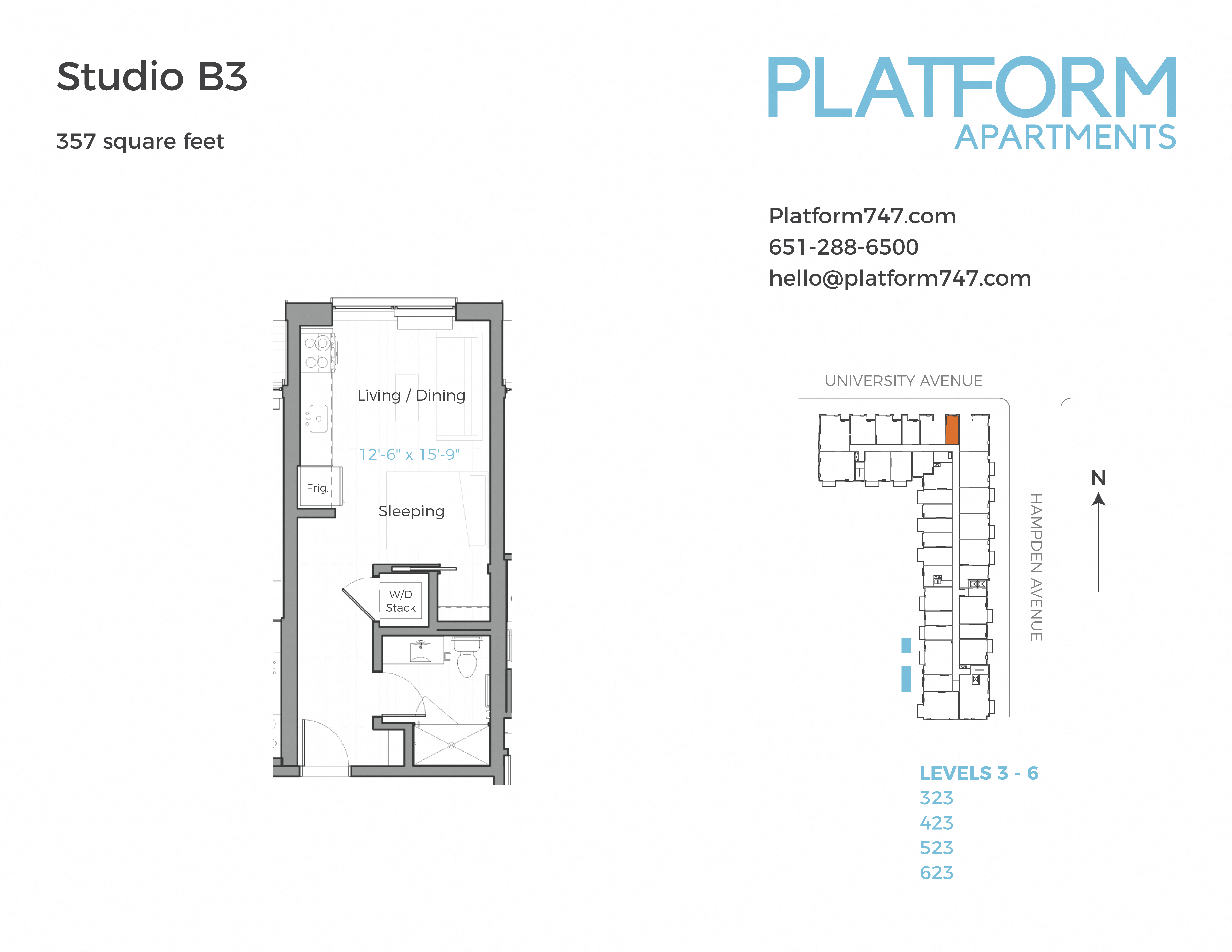 Floor plan for studio, 1 bath, 357 sqft