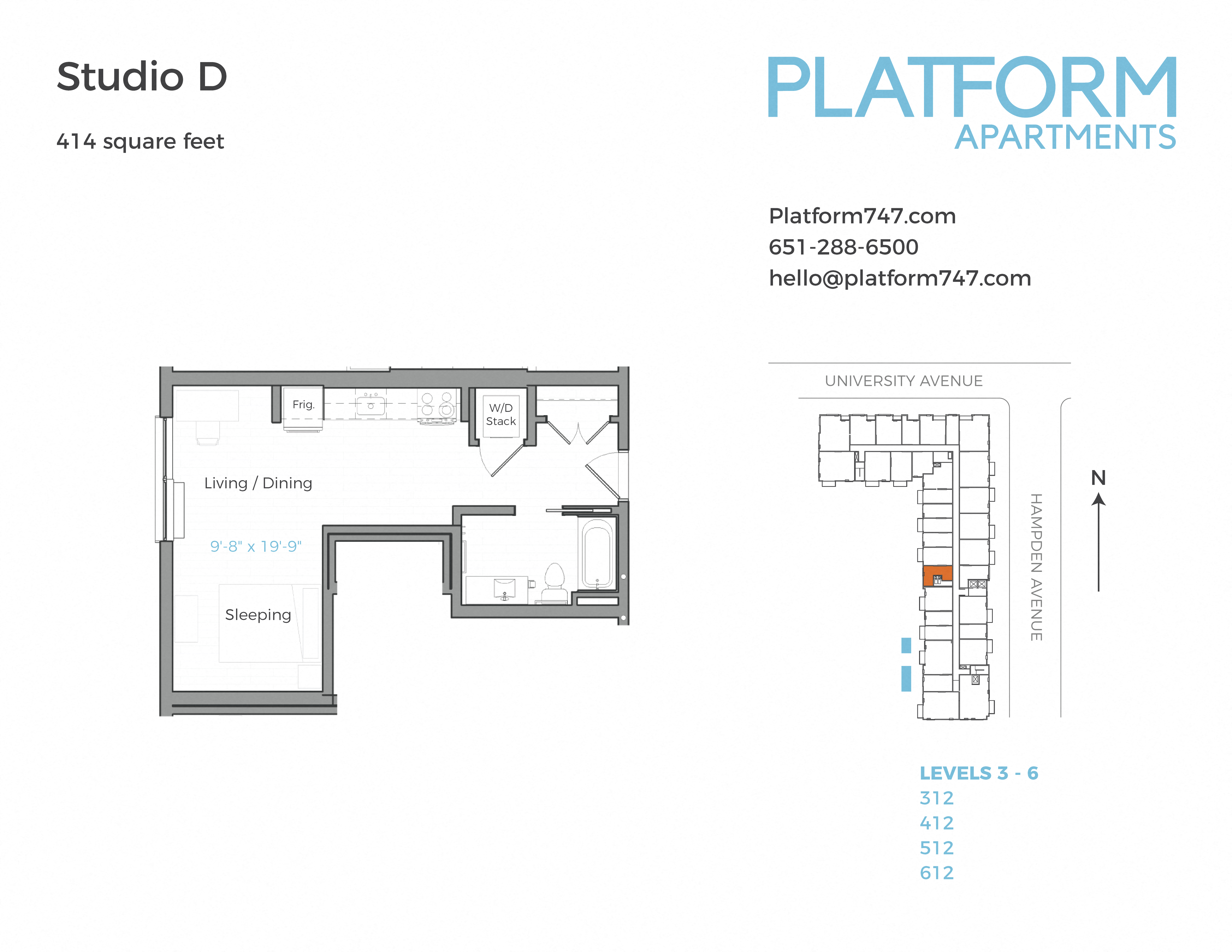 Floor plan for studio, 1 bath, 414 sqft