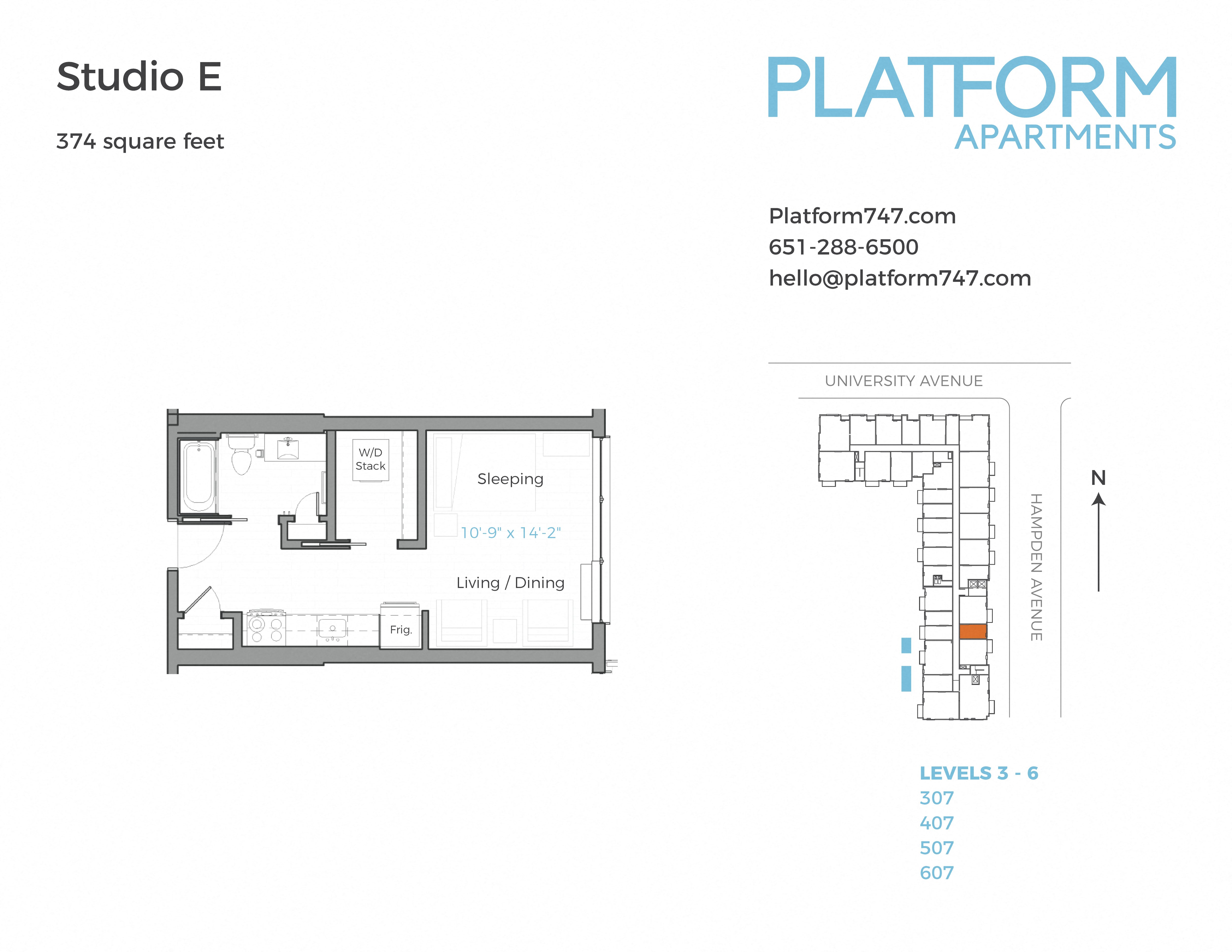 Floor plan for studio, 1 bath, 374 sqft
