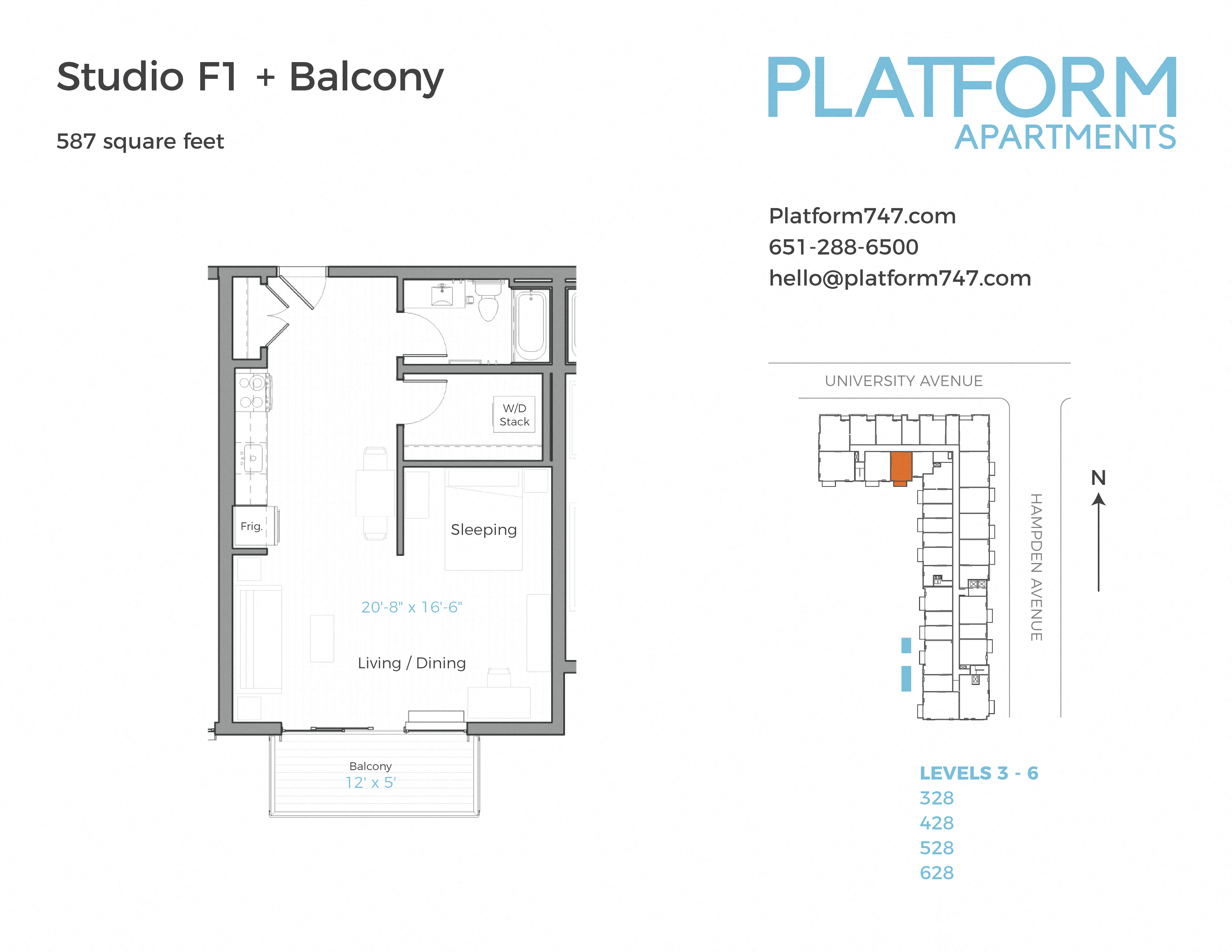 Floor plan for studio, 1 bath, 587 sqft