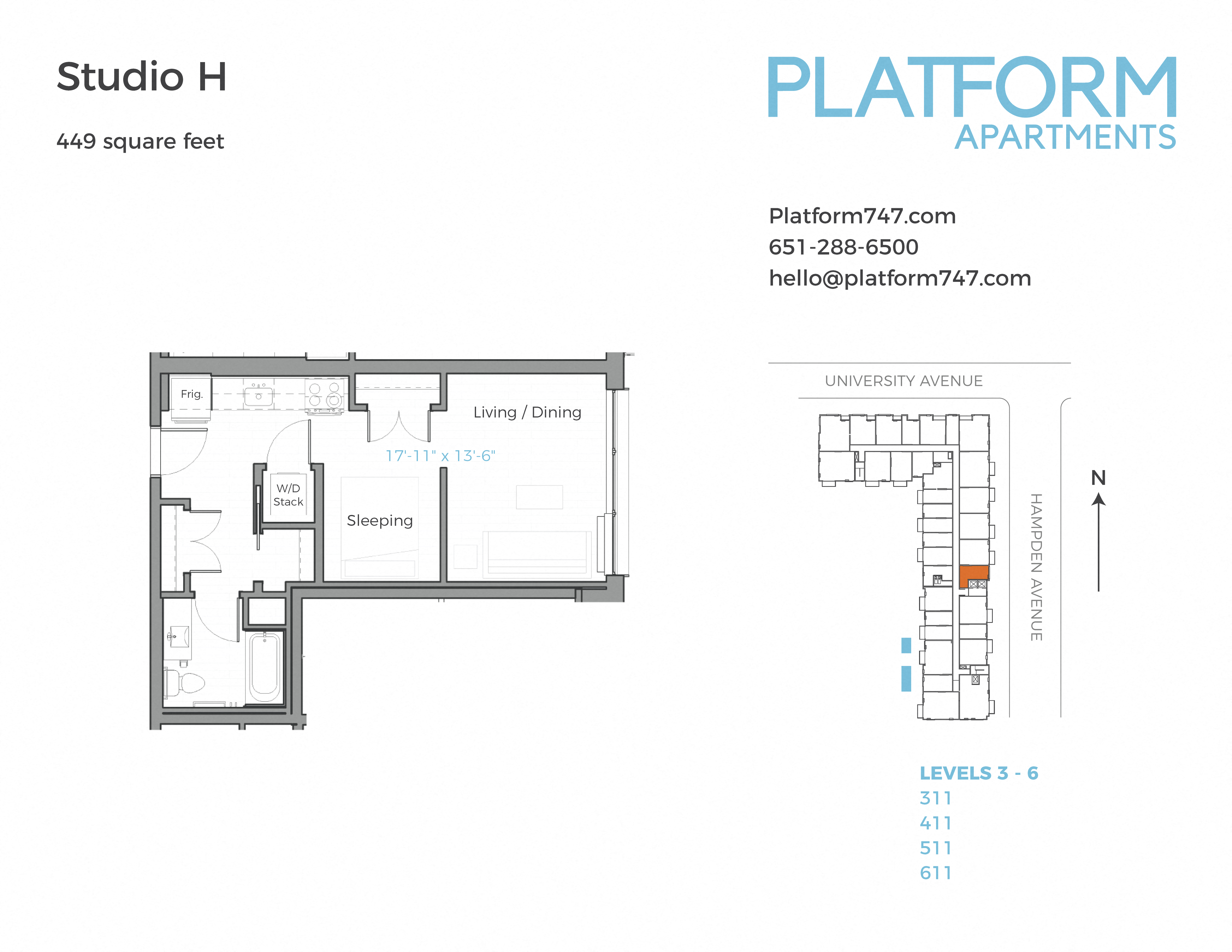 Floor plan for studio, 1 bath, 449 sqft