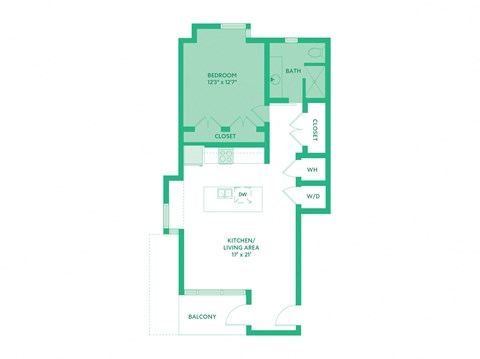 Floor plan for 1 bed, 1 bath, 890 sqft